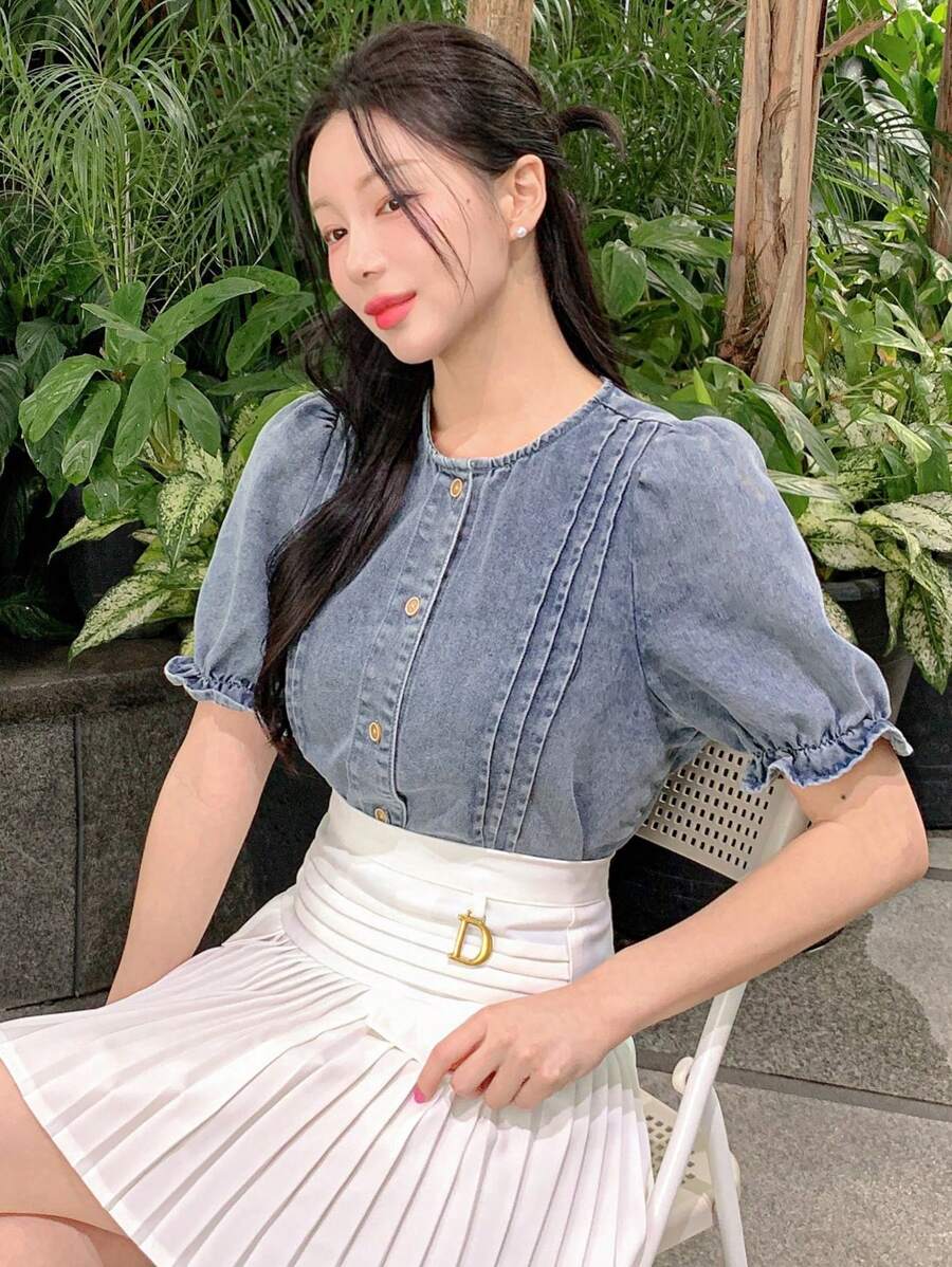 DAZY Women's Elegant Stylish Denim Shirt, Summer - Blue - View 1