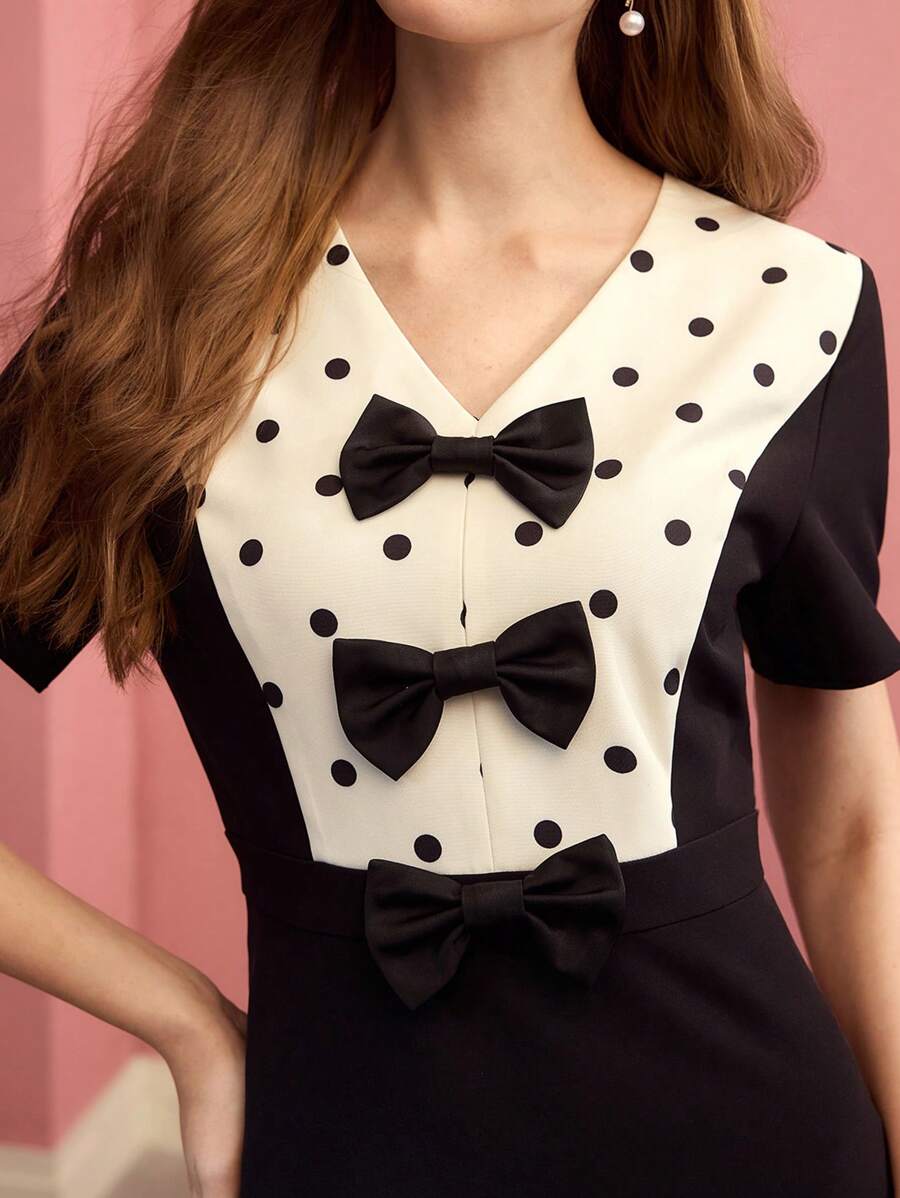 MOTF PREMIUM WOMEN'S CONTRAST POLKA DOT BOW DECOR MID-LENGTH DRESS,SPRING/SUMMER - Black - View 2