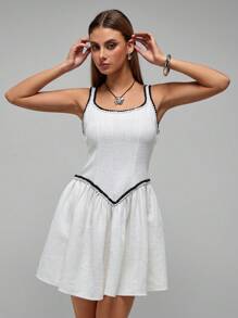 SHEIN Unity Vestido corto sin mangas de mujer elegante con cinturón de cuerda retorcida de contraste, para primavera/otoño - Beis - Ver 3