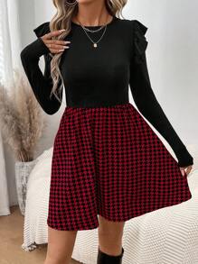 SHEIN LUNE Vestido campana con volantes y estampado de cuadros vintage, cuello redondo, manga corta. Uso casual/laboral para mujer, apto para otoño/invierno.