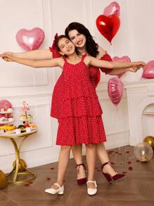 SHEIN 1 pieza Vestido elegante de estilo pastel con estampado floral rojo y tirantes para niñas preadolescentes de estilo casual y moderno, juegos de ropa a juego familiar (se venden por separado 2 piezas)