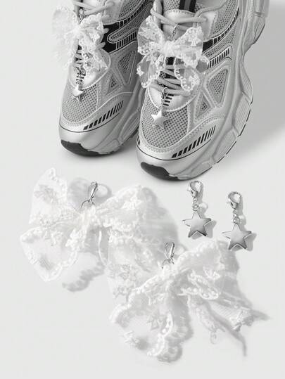 Kawaii 4 pièces/set Boucles de chaussures combinées décoratives avec nœud, en dentelle brodée maille blanche minimaliste et polyvalente, très attrayante. Convient pour les femmes et les filles, idéal comme cadeau de fête