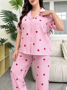 Slumberry CURVE Bộ đồ ngủ tay ngắn in hình trái tim sọc hồng cỡ lớn kèm quần dài cho ngày lễ tình nhân - Hồng - Xem 3