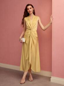 MOTF PREMIUM TWIST ASYMMETRICAL HEM SLEEVELESS DRAPED DRESS, SATIN, MIDI DRESS,SPRING/SUMMER - Yellow - View 6