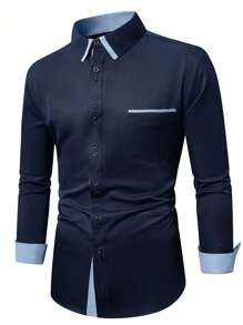 Manfinity Mode 男士撞色翻领单排扣长袖正装衬衫，适合春秋季节和秋季 - 藏蓝色 - 查看 6