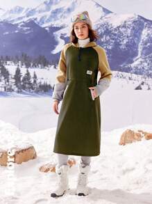 SHEIN Teen Girls Solid Color Patchwork Front Zipper Long Sleeve Simple Casual Dress For Winter - Army Green - View 1