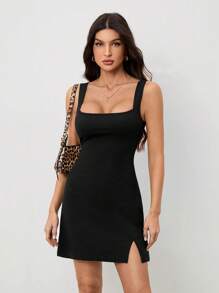 SHEIN Tall Vestido de tirantes de mujer con cuello cuadrado, dobladillo con abertura lateral y minifalda, de unicolor - Negro - Ver 5