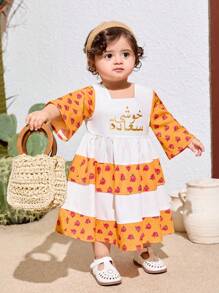 SHEIN Babygirl 夏季紫色玫瑰与花卉图案半袖荷叶边下摆太阳裙 - 白色 - 查看 6