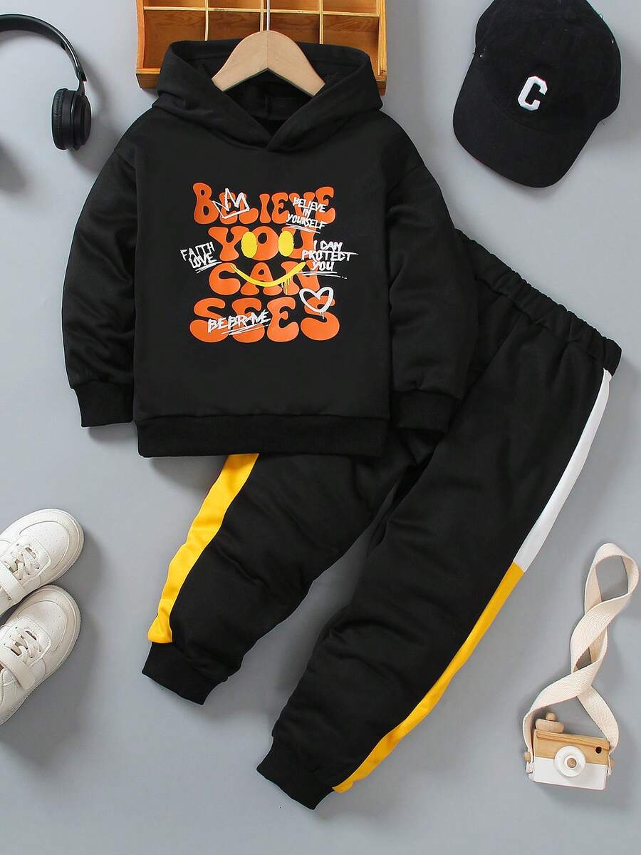 小男孩2件套服裝組合,字母印花連帽衫與長褲,休閒返校時尚圖案運動衫長褲套裝,適合秋季、學校、春季 - 彩色 - 查看 1