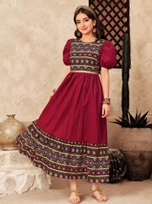 SHEIN Mädchen Mehrfarbig Blumenmuster Patchwork Kontrastfarbe Puffärmel A-Linie Kleid, locker sitzend, geeignet für Nationalfeiertag, Eid-Fest, Urlaub, Lässig-Treffen & Partys, Frühling & Sommer - Rot - Übersicht 4