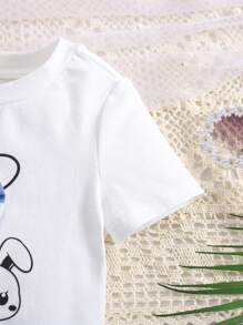 SHEIN 夏季女宝宝可爱卡通图案上衣和条纹短裤套装 - 白色 - 查看 3