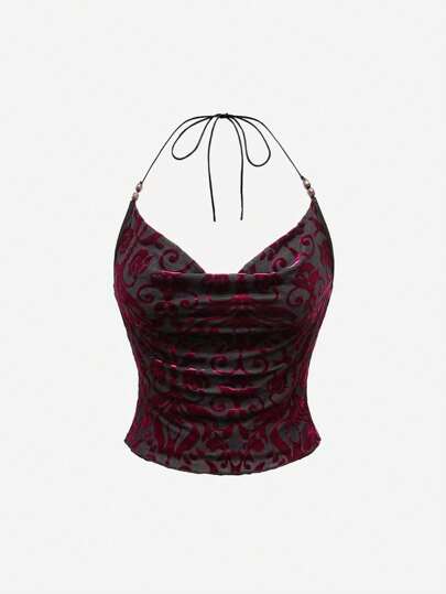 Valentine's Day Gothic Style Wine Red Velvet Spaghetti Strap Beaded Decor Women Tank Top