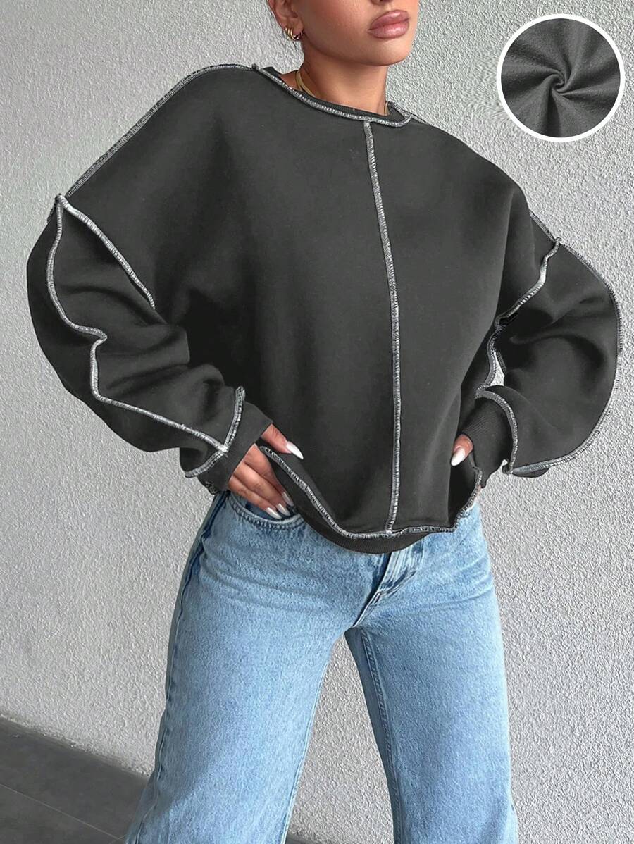 RueChic 95% Cotton Oversized Round Neck Sweatshirt With Exposed Seams And Long Sleeves - Grey - View 1