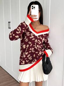 Chiquease Jersey de mujer de cuello en V a rayas con estampado de leopardo de manga larga, suéter de punto de otoño/invierno