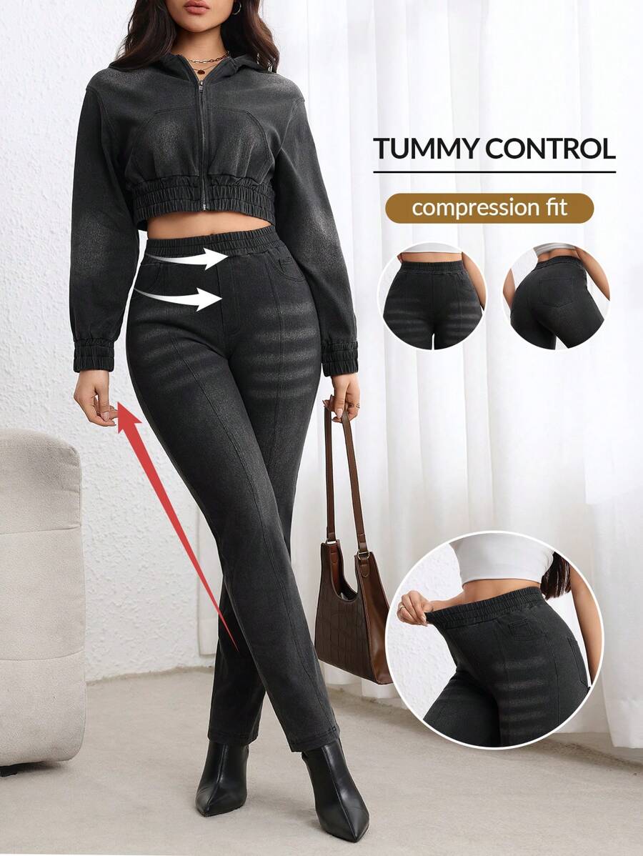 SHEIN LUNE Women's Casual Denim Jeans, Minimalist Style For Everyday Wear - Black - View 1