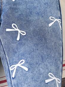 SHEIN Baby Girls Can Wear Elegant, Cute, Casual And Simple Three-Dimensional Bow Printed Knitted Short Sleeved Jeans Set In Spring, Summer And Autumn