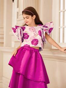 Conjuntos para niñas preadolescentes, Elegante parte superior con mangas con volantes de brocado metálico para niñas preadolescentes, irradia Charm y lujo como una pequeña princesa