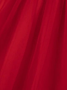 年轻女孩圣诞节优雅红色长袖连衣裙，采用精致的圣诞印花和网眼面料，冬季舒适清凉，包括腰带 - 紅色 - 查看 3