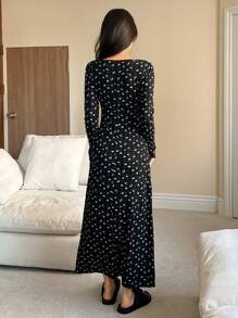 DAZY Ditsy Floral Fitted Deep V-Neck Pleated Design Long Nightgown, Pajama, Fall, Winter - Black - View 2