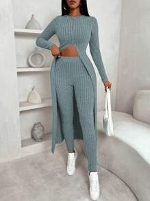 VaVaBold 2 pièces/set T-shirt à fente maxi côtelé en molleton et pantalon, vêtements d'hiver, ensembles de pulls, manches longues, ajusté, cratères en molleton, tenue de randonnée, hauts d'hiver, leggings d'hiver, ensemble pour femmes, dame élégante, hauts d'automne, vêtements d'hiver, gardez au chaud, manches longues