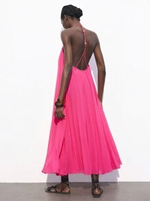 Maija Vestido holgado con cuello halter y volante en el bajo, color rosa, para la playa, primavera/verano - Rosa Fucsia - Ver 5