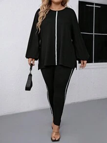 SHEIN LUNE 2pcs Plus Size Knit Patchwork Color Block Loose T-Shirt & Pants Set