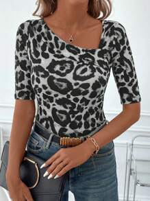 SHEIN Clasi Women's Solid Color Asymmetric Collar Fitted T-Shirt - Grey - View 4