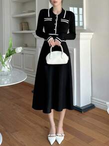 DAZY Women's Colorblock Button Half Placket Long Sleeve Elegant Commute Sweater Dress,Fall Women Clothes - Black and White - View 4