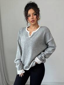 SHEIN Unity Women Lace Trim Detail Sweater, Loose Casual Long Sleeve V-Neck Contrast Color Pullover Knit Pullover Fall Winter Sweater - Grey - View 5