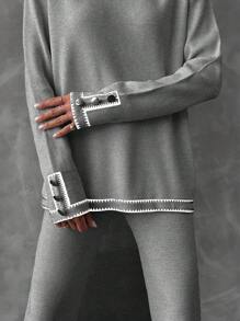 SHEIN Cottnline 2 件套女士纯色圆领长袖毛衣和针织裤，秋冬季休闲装 - 淺灰色 - 查看 3