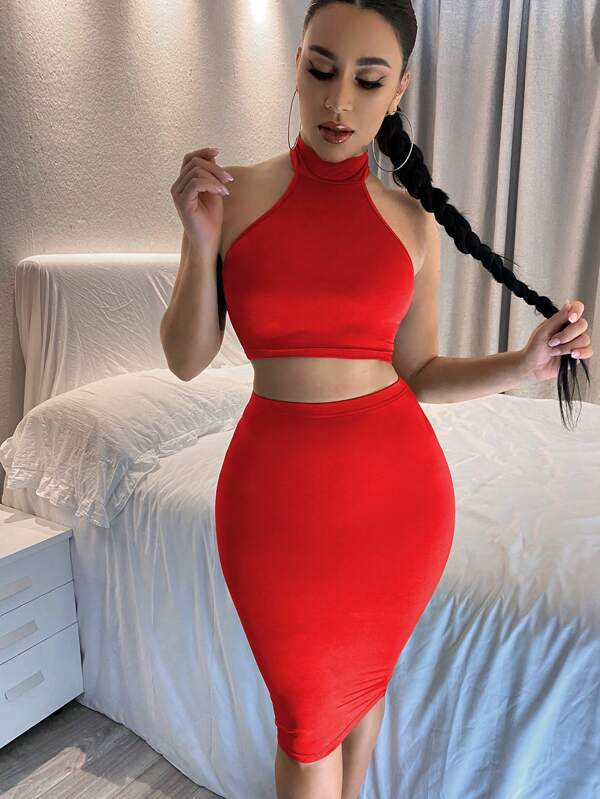 SHEIN SXY Damen Einfarbig kurzes Trägertop und körperbetonter Mini-Rock sexy 2-teiliges Set