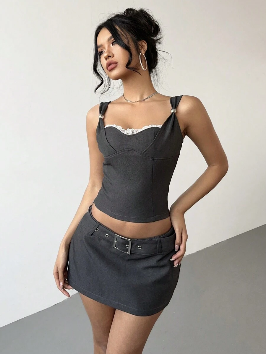 Aloruh 女士对比色蕾丝无袖短款上衣 - 灰色 - 查看 1