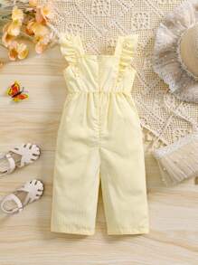 SHEIN Vintaside Kids Mono informal de rayas con volantes, lazo frontal y manga de verano para niña bebé, color amarillo, nueva llegada de primavera/verano