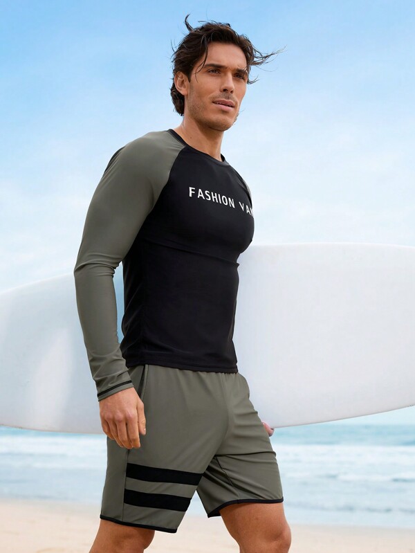 Manfinity Swimmode 2 pièces Ensemble t-shirt à manches raglan avec imprimé lettre et contraste de couleurs, et short de bain hawaïen
