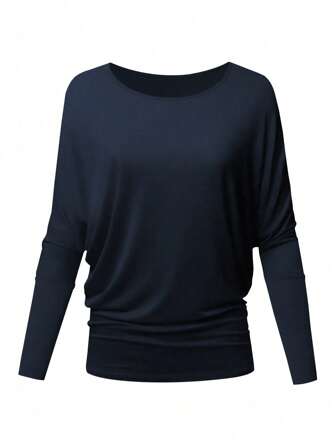 Hanevo Dammode Rundhalsad Lös Batwing Sleeve Side Ruched långärmad T-shirt