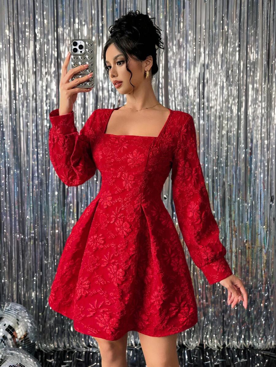 Rafferiza 女士方领提花褶饰腰部节日喇叭形圣诞短款连衣裙 - 紅色 - 查看 1