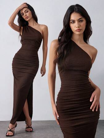 Lumivelle Knit Elastic Texture Bodycon Dress, Coffee Color One Shoulder Bodycon Dress
