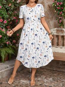 SHEIN LUNE 女士大码节日花卉印花半领短袖休闲连衣裙节日装女士夏季服装浪漫连衣裙波西米亚风连衣裙、节日连衣裙、户外日常穿着必备太阳裙短袖 A 字裙配雏菊纽扣装饰，风格清新可爱女士夏季服装复活节夏季服装女士春季服装海滩复活节女士休闲套装 - 白色 - 查看 7