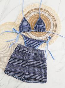 Swim Vcay Summer 3pcs/Set Bohemian Style Bikini Set & Cover Up, Drawstring Bikini Swimming Suit, Beach Outfit - Blue - View 1