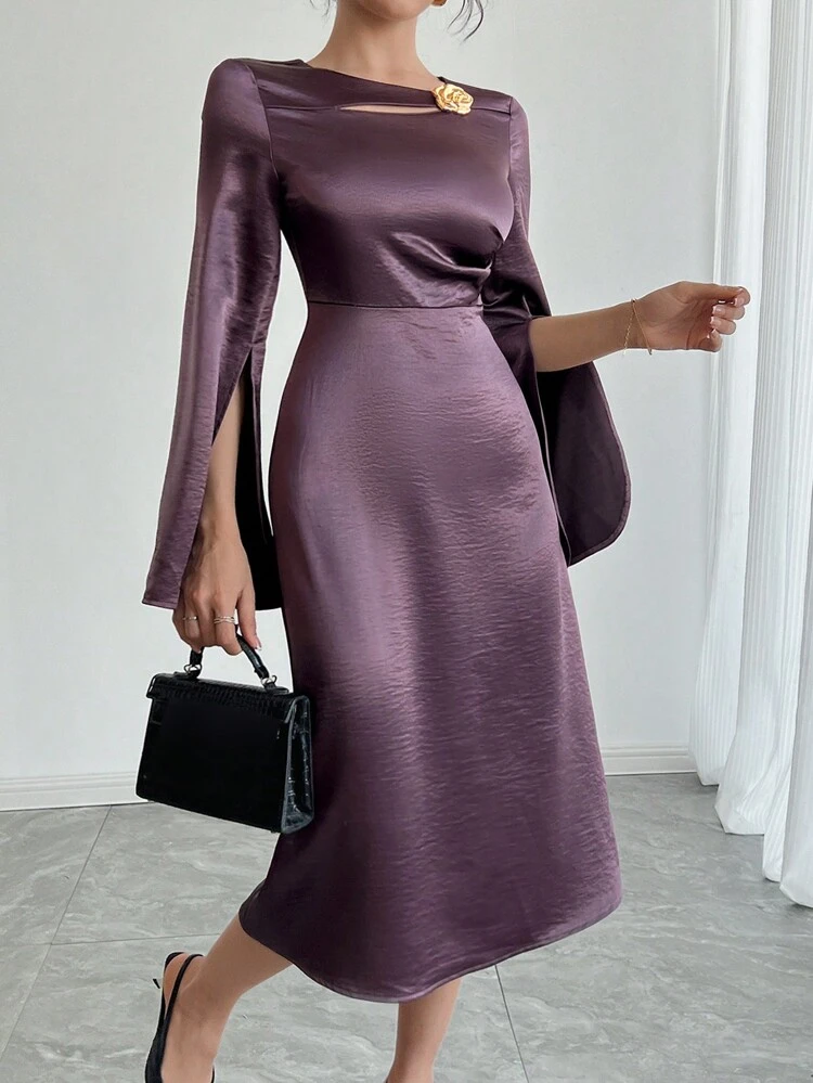 Hollow Out 3D Rose Decor Spring Women's Mid-Length Dress For Holiday & Vacation Prom Dress,Fall Dress Long Sleeve Dress