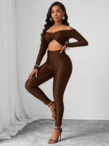 SHEIN Slayr Ensemble de 2 pièces femme: Top à épaules dénudées manches longues de couleur unie et pantalon skinny, style casual