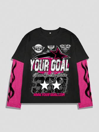 Street Life Camiseta de manga de dos capas con bloque de color e impresión de letra para hombre