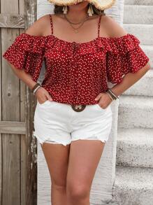 SHEIN VCAY 加大码波西米亚风度假浪漫小心心荷叶边露肩衬衫。情人节、休闲野餐派对、夏季 - 紅色 - 查看 1
