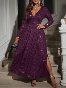 SHEIN Clasi Plus Size V-Neck Long Sleeve Split Hem Casual Long Dress - Red Violet - View 9