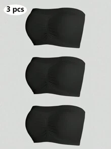 3pcs/Set Women Simple Solid Color Seamless Bandeau Bra Sets For Everyday Wear CASUAL - Black - View 3