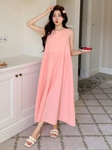 DAZY Simple Solid Color Sleeveless Tie Back Design Loose Long Maxi Casual Dress For Home Wear Pajama - Pink - View 5