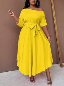 Maweii 加大码女式编织不对称不对称领口系带 A 字形连衣裙 女式超长套装 - 黃色 - 查看 1