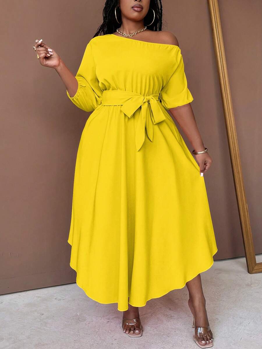 Maweii 加大码女式编织不对称不对称领口系带 A 字形连衣裙 女式超长套装 - 黃色 - 查看 1