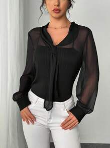 Chiquease 2024 Neue Damen Sexy durchsichtige Schwarze Mesh Chiffon Bluse