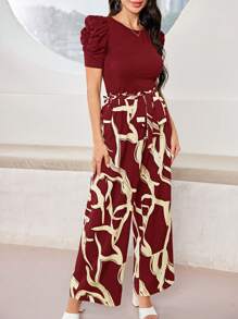 Modelyn 女士纯色圆领短袖上衣和长裤休闲两件套 - 酒紅色 - 查看 4